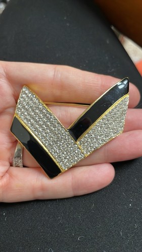 Vintage Les Bernard Signed Brooch Gold-Tone Clear Rhinestones Black Geometric