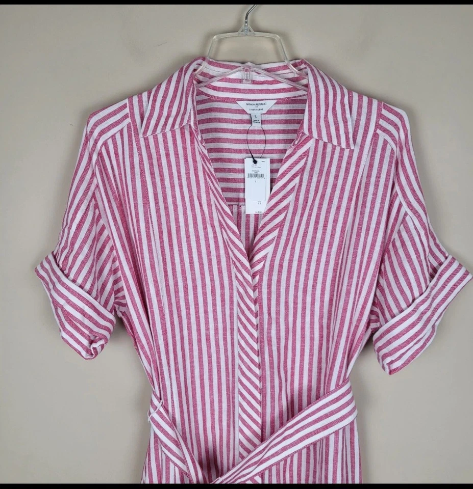Vestido Camisa Midi Banana Republic Talla L NUEVO Mezcla de Lino a Rayas Manga Corta Rojo Foto 4 de 4