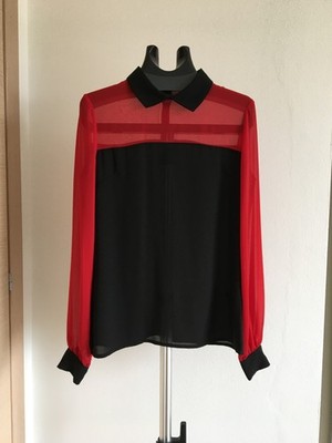Monton Black Red Sheer Bluse S 40 IT - Elegante Damen Bluse Party Shirt  