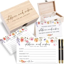 85 Pcs Advice and Wishes Cards Wooden Box Set for the Mr and Mrs,Pink Floral Ros