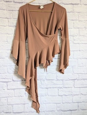 Vintage Y2K Bell Sleeve Asymmetrical Top M Brown Fairycore Boho 90s Stretchy