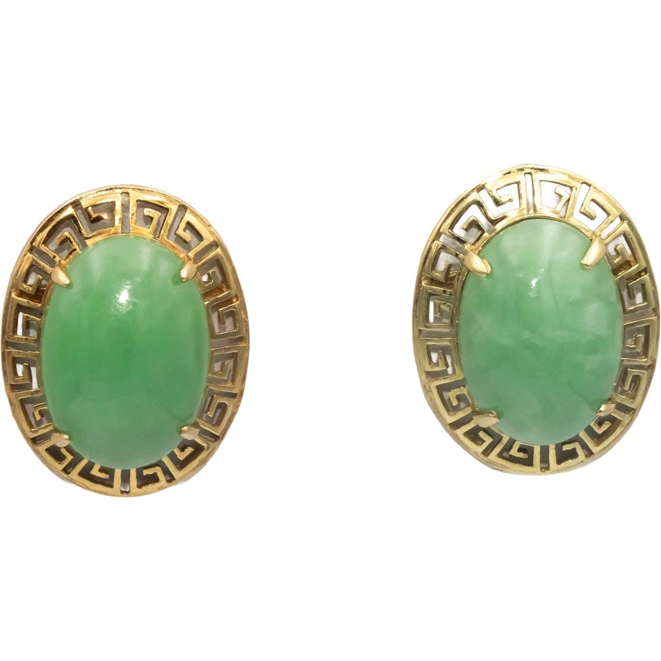 Aretes con llave griega de jade corte cabujón de 8,0 quilates de oro amarillo de 14 k