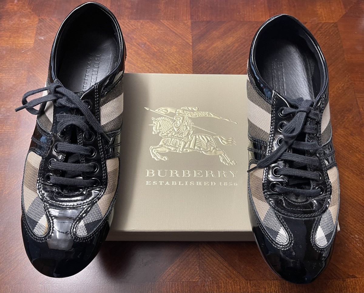 Vintage Burberry Black Patent Nova Check Sneakers Women’s Size US 8, EUR 39