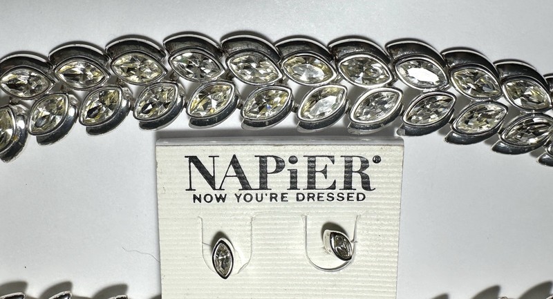 Napier Necklace; Clear Marquise RS, Silver Plate & Marquise RS Earrings~1980-90s
