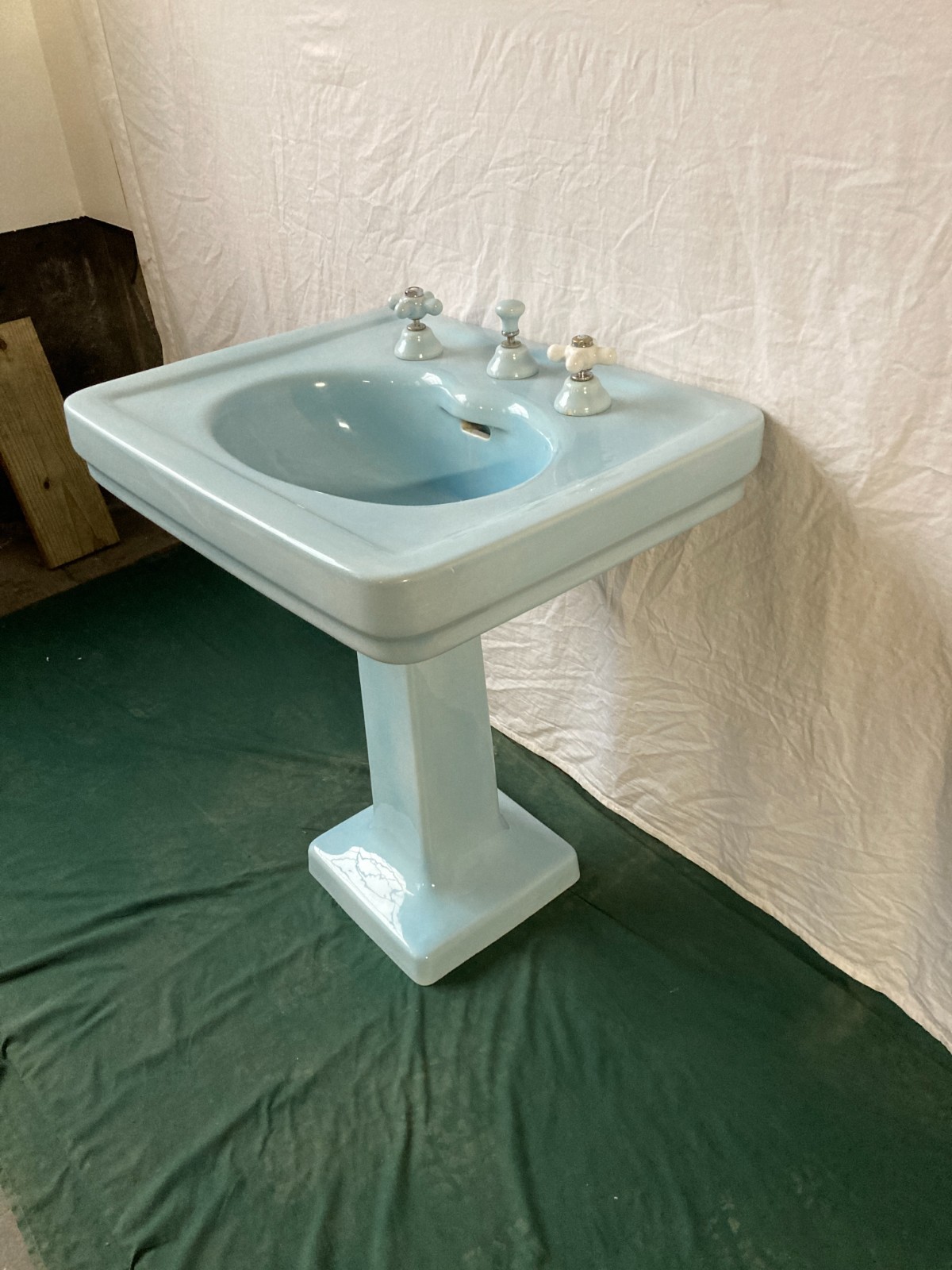 Antique 28x22 Light Blue Ceramic Pedestal Sink Old Vtg Standard 422-25E