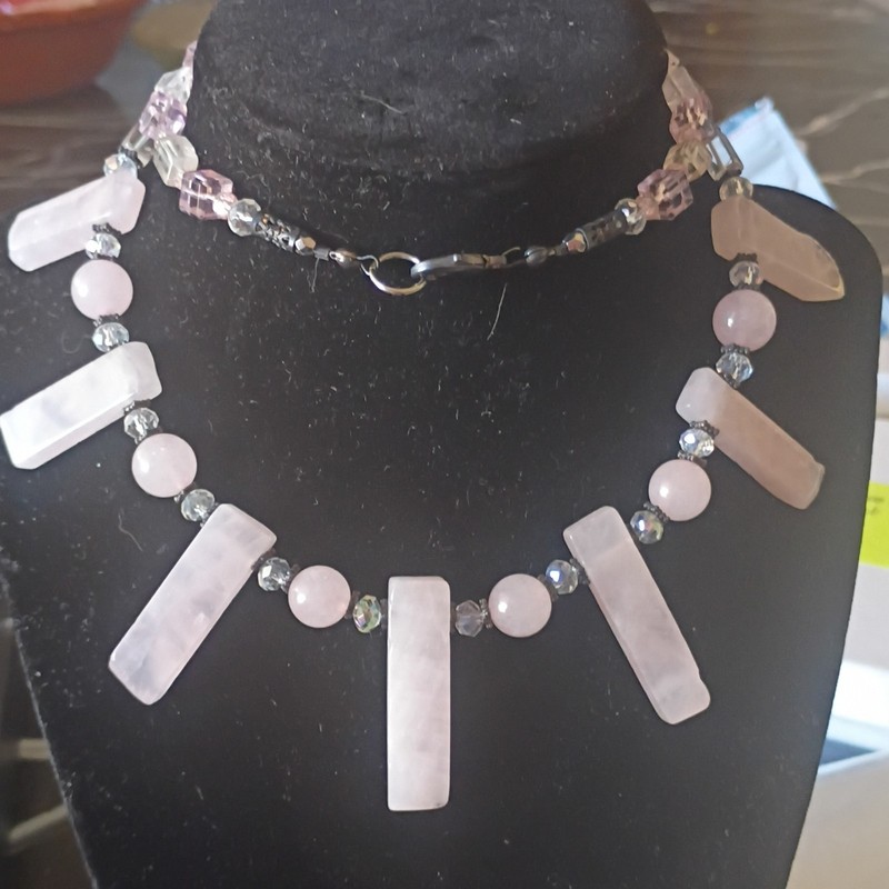 Rose Quartz & Crystal Jewelry Set Necklace Bracelet & Earrings Pink Silver