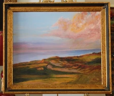 VINTAGE 1990'S FRAMED ABSTRACT OIL SEASHORE AT DUSK LANDSCAPE ARTIST: M. PEARSON