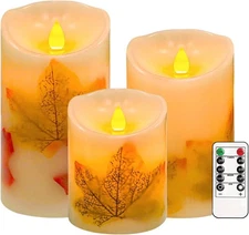 Flameless Candles Lights,Set of 3 Maple Leaf Flickering LED with Warm 