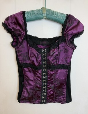 Tripp NYC Corset Short Slv Top Sz  S Purple Satin Floral Brocade Goth Punk 2015
