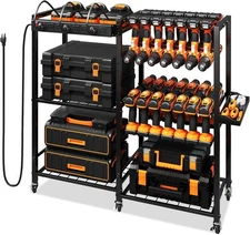 TC-HOMENY Power Tool Organizer Cart with Charging Strip, 28 Drill Brown 
