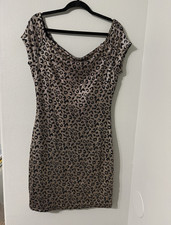 GUESS Leopard Off Shoulder Sparkle Metallic Mini Dress Brown & Black 14