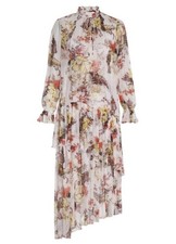 Women's Floral Mock Neck Long Sleeve Asymmetrical Pleated Ruffle Midi Dress