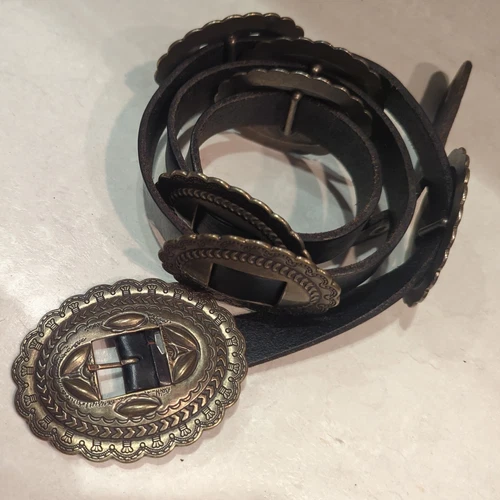 vintage Ralph Lauren Cowboy Concho Belt Leather Metal Buckle rodeo brown