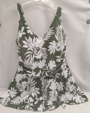 One Piece Swim Dress Floral Pattern Swimsuit Green Size 2XL SJ