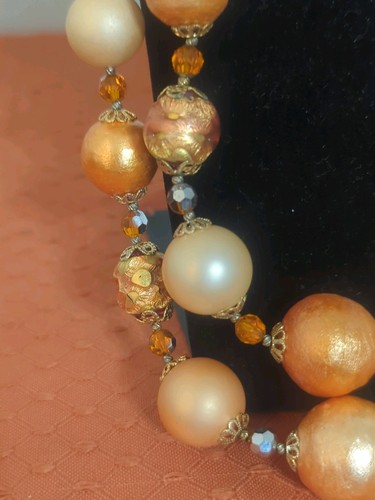 Vintage Vendome Double Strand Necklace & Clip On Earrings Orange Peach Beads - Afbeelding 5 van 17