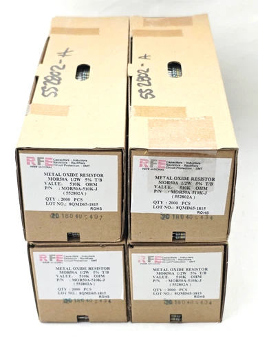 Lot of 8000 RFE Metal Oxide Resistors MOR50A 1/2W 5% T/B 510 K OHM MOR50A-510K-J - product listing photo