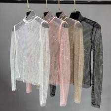 Damen Glitzer Mesh Top Bluse Rollkragen Langarm Sexy Rhinestone Durchsichtig