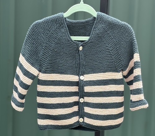 BN - KNITTED - SZ 2 - TODDLER GREEN & STONE COTTON STRIPED CARDIGAN - Picture 5 of 5