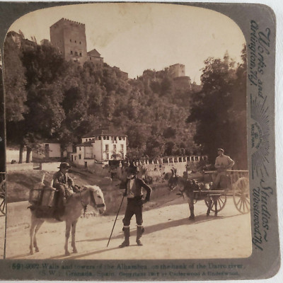 Granada Spain Donkey Cart Stereoview c1902 Alhambra Spanish Underwood Photo D555