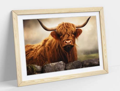 HIGHLAND COW BEHIND WALL, AUTUMN LANDSCAPE -FRAMED WALL ART POSTER PAPER PRINT - Picture 9 of 10