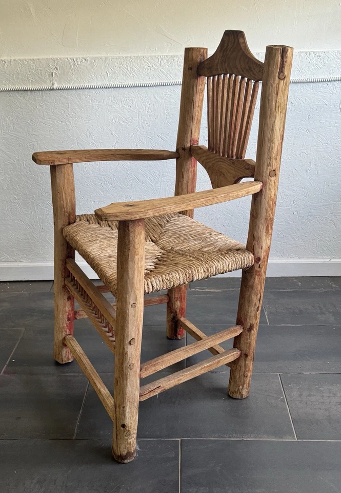 Sillón mexicano vintage hecho a mano de madera y Rush Southwestern Foto 3 de 4