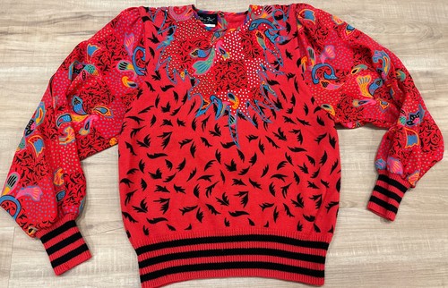 Vintage 80s Retro Diane Fres Beaded Wool Top Sweater size L