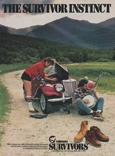 1982 Herman Survivors Boots - Girl Fixes MG Car Guy Plays Banjo - Print Ad Photo
