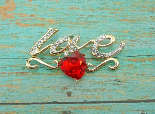 2.20Ct Heart Cut Simulated Ruby LOVE Heart Brooch Pin In 14K Yellow Gold Plated - Picture 2 of 5