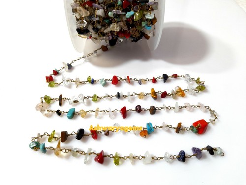 Multi Stone Chip Rosary Beaded Chain Smooth Gold Plated Wire 4-6mm Beads 5 Feet - Picture 9 of 12