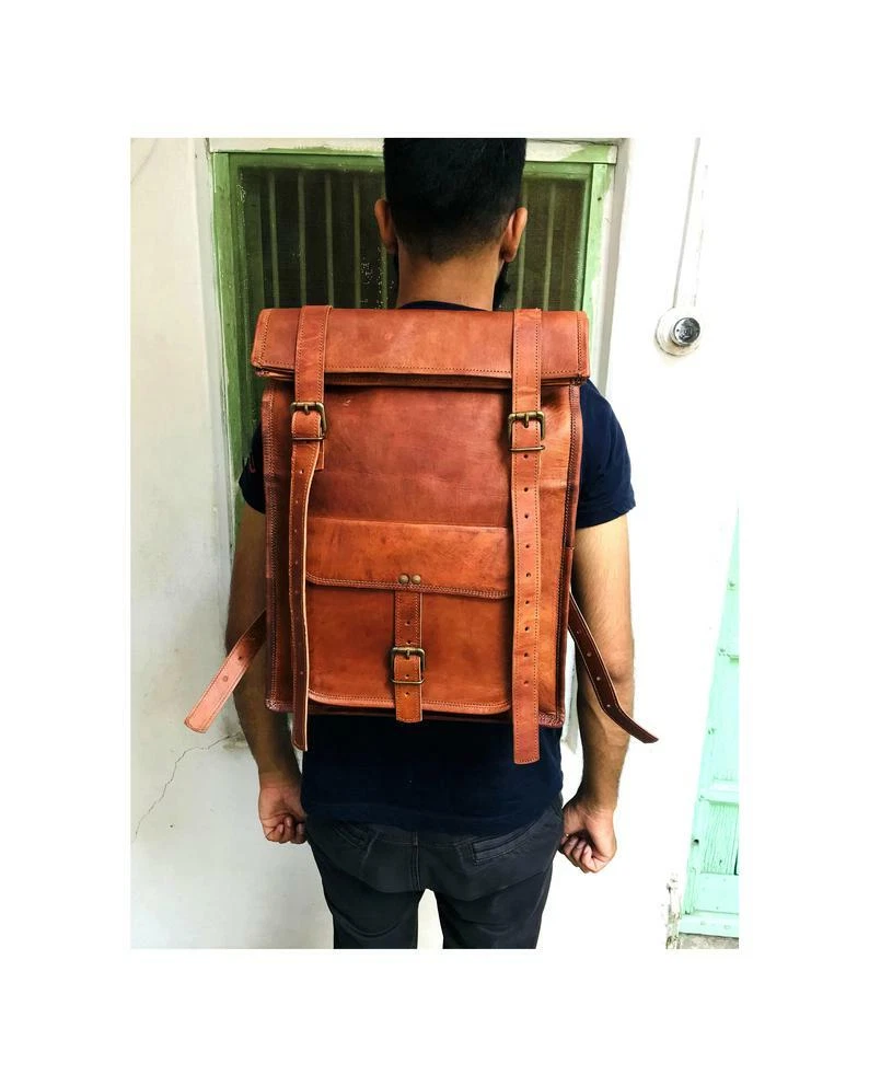 Vintage Genuine Goat Leather Backpack Luggage Camping Travel Bag for Man's women