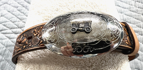 Justin Kids 18 Inch Western Belt W/Silver & Gold Covered Wagon Buckle USA - Picture 3 of 15