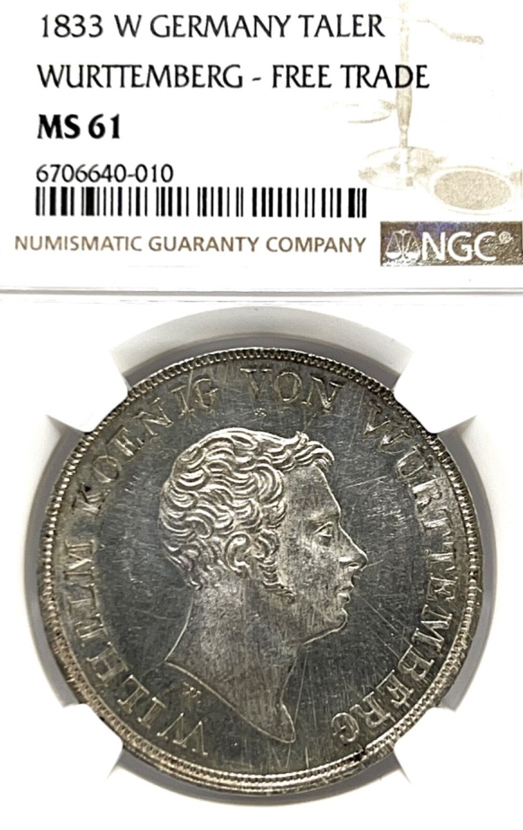 German States Wurttemberg 1833 W Taler Coin Thaler NGC MS 61 VZ/F