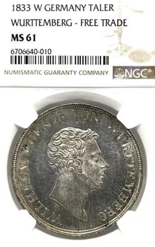 German States Wurttemberg 1833 W Taler Coin Thaler NGC MS 61 VZ/F.STG FREE TRADE