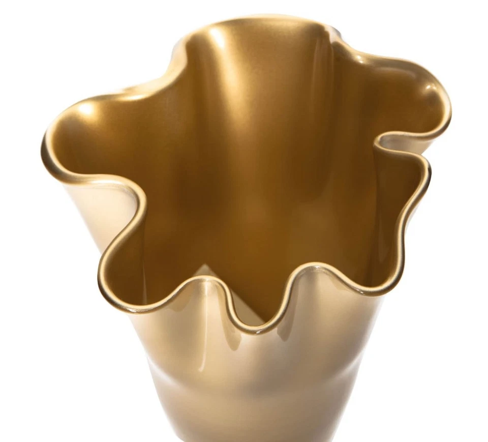 Vase Glas gewellt gold metallic Glasvase Blumenvase mundgeblasen Signature - Bild 3 von 4