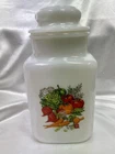 Vtg. Jeanette Glass Co Milk Glass VEGETABLE MEDLEY Pattern Canister Jar w/Lid