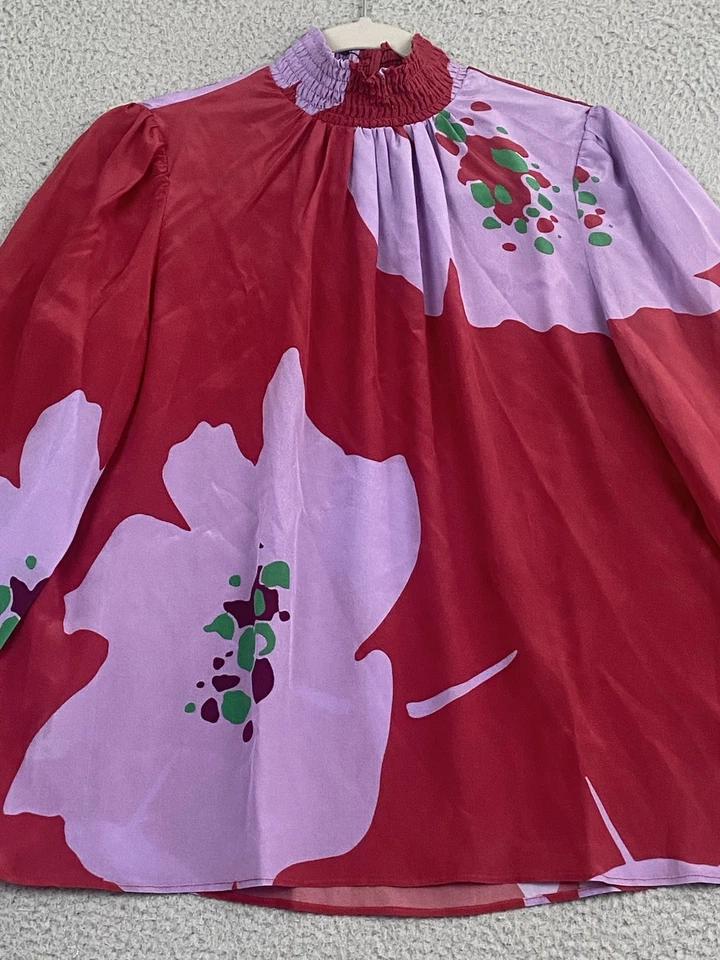 Blusa Tucker Stella Crepe de Chine Seda Manga Larga Talla S Amapolas Púrpura Fluida Foto 3 de 4