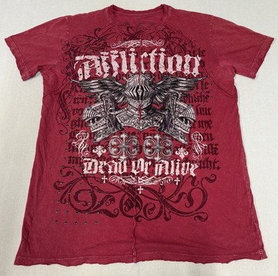 Affliction Dead Or Alive Shirt Men's XL Red Crewneck Beaded Rockabilly MMA 44