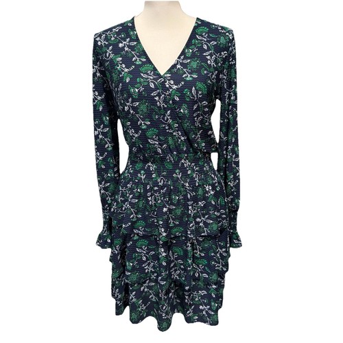 MICHAEL KORS Tiered Floral Blouson Dress Blue Floral Ruffle Layer Skirt Small