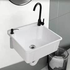 Plastic Wall-Mounted Utility Sink with Wall Bracket, Hot&Cold Faucet, Drain Plug