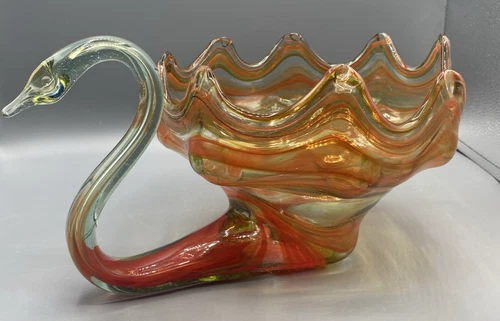 VTG Hand Blown Sooner Glass Swan Planter Bowl Shades Of Red Swirl Murano Style
