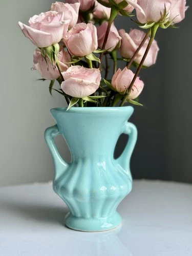 Vintage McCoy 426 Aqua Fan Vase Double Handle 1930s Art Deco USA