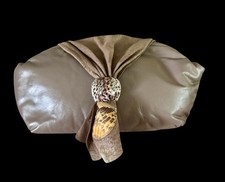 VTG 80s Taupe Leather Clutch Shell Buckle Scrunched Detail Converts to Crossbody