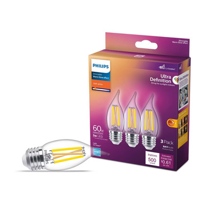 PHILIPS LED 60W BA11 E26 Base 3-Pack Ultra Definition Soft White 5W=60W 2700K