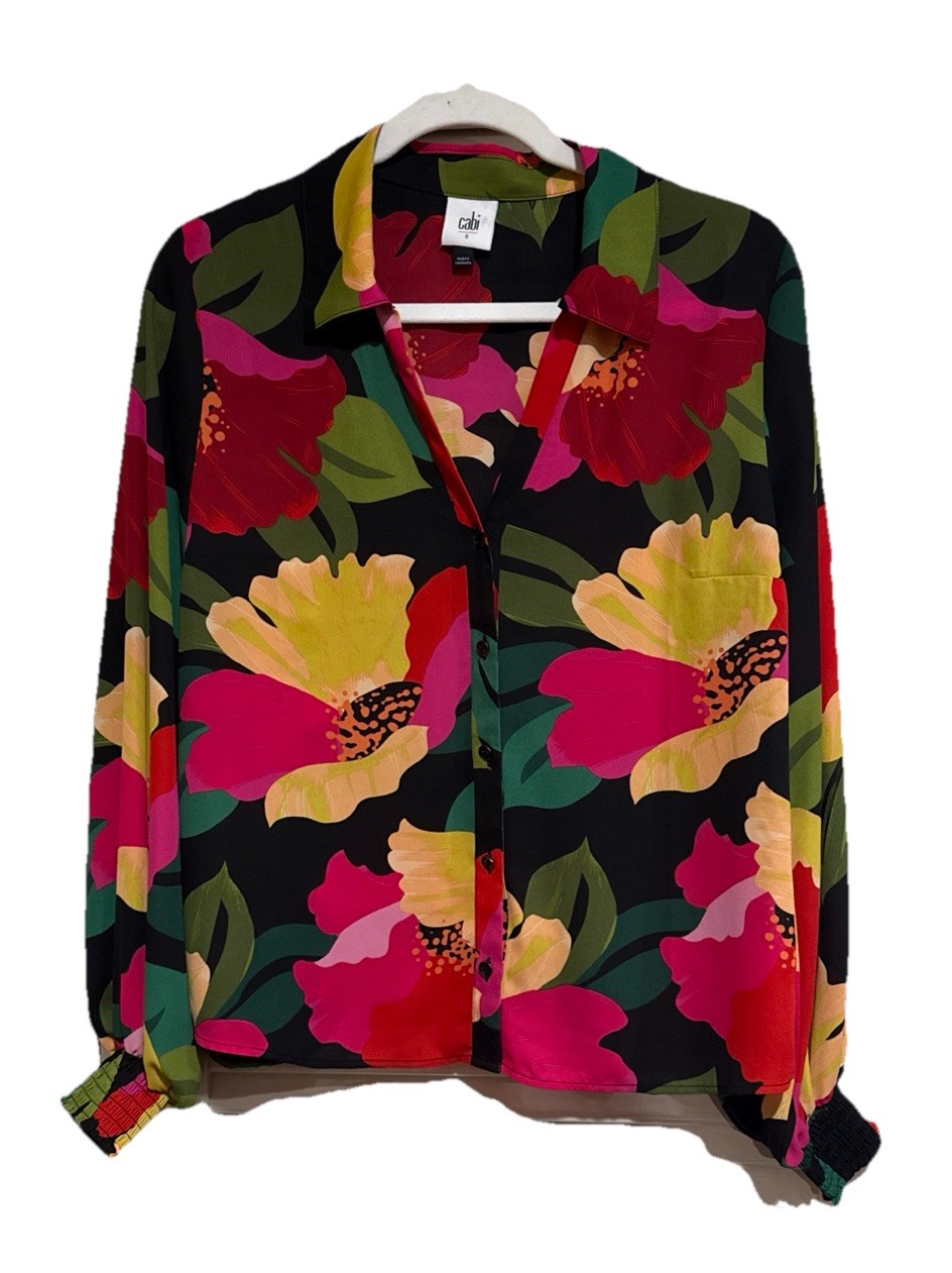 CABI Flora Blouse Long Sleeve Button Up Floral Botanical Shirred Cuffs Sz: Small image 2