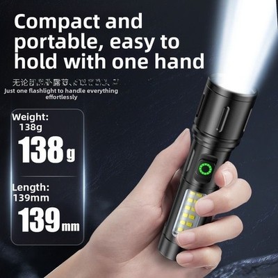 Zoom Taschenlampe wiederaufladbar mit COB Seitenlicht 200-500m Reichweite Alumin