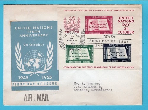 UNITED NATIONS NY FDC miniature sheet 1955 New York to Zaandam, Netherlands
