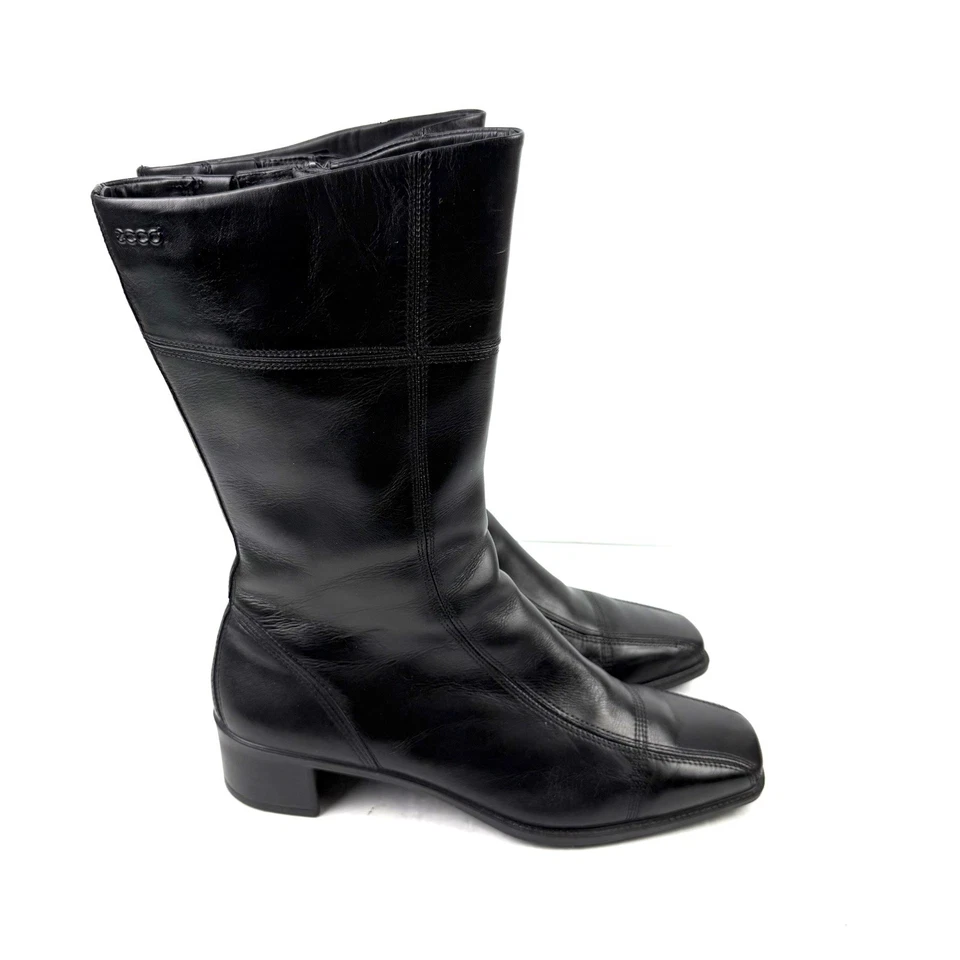 Botas Ecco Media Pantorrilla 39 Cuero Negro Cremallera Punta Cuadrada Botín Mujer Foto 4 de 4