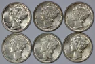 1939 - 1945 Mercury 10c Silver Dimes Lot of 6