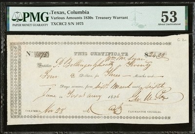 Republic of Texas 1836 Columbia TX Treasury Warrant Currency Banknote, PMG AU53