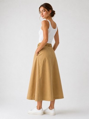   DELMAO Rock mit Gürtel lang Chino Gr. 36, 38 Beige Tellerrock Trend Mode